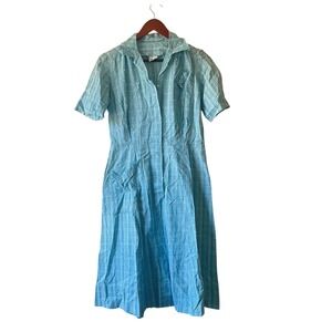 Vintage 50s Basila‎ Dress Plaid Blue Green Polka Dot Midi Shirt Dress Size small